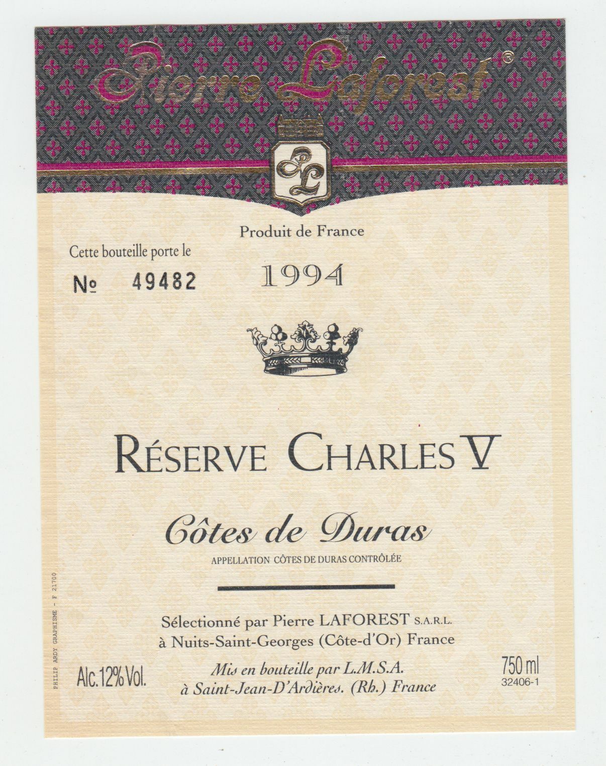 ETIQUETTE DE VIN COTE DE DURAS 1994 RESERVE CHARLES V 402669072075