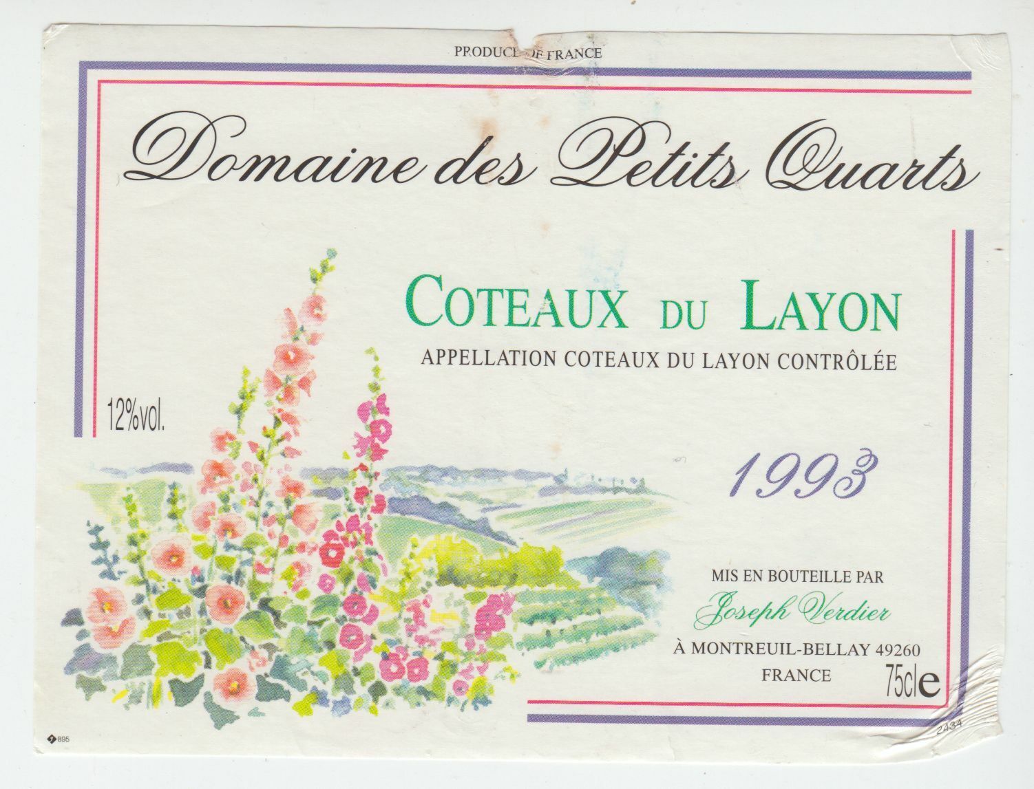 ETIQUETTE DE VIN COTEAUX DU LAYON DOMAINE DES PETITS QUARTS 1993 124511871025