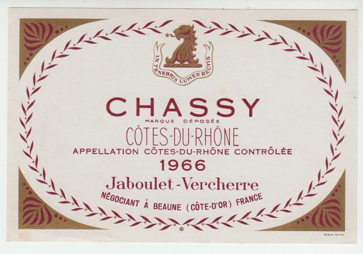 ETIQUETTE DE VIN COTES DU RHONE 1966 CHASSY JABOULET VERCHERRE 402581823765