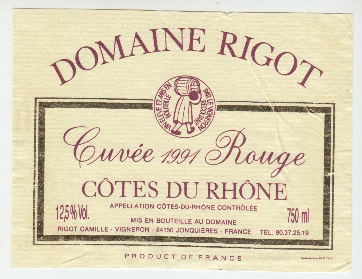 ETIQUETTE DE VIN COTES DU RHONE 1991 DOMAINE RIGOT CAMILLE 402581823735