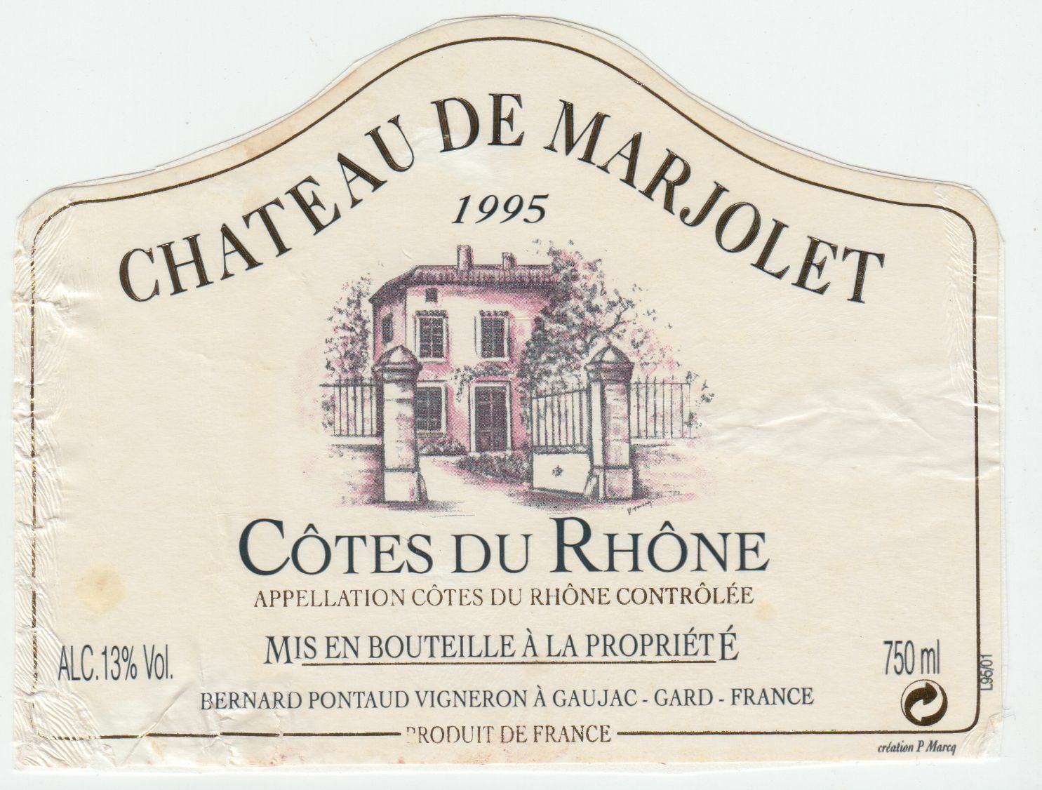 ETIQUETTE DE VIN COTES DU RHONE 95 CHATEAU DE MARJOLET BERNARD PONTAUD CAUJAC 402581823725