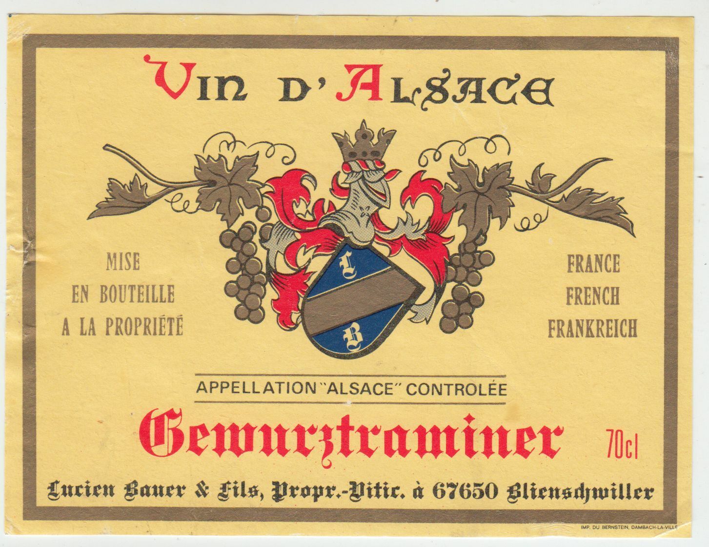 ETIQUETTE DE VIN D ALSACE GEWURZTRAMINER LUCIEN BAUER ET FILS 124511869315