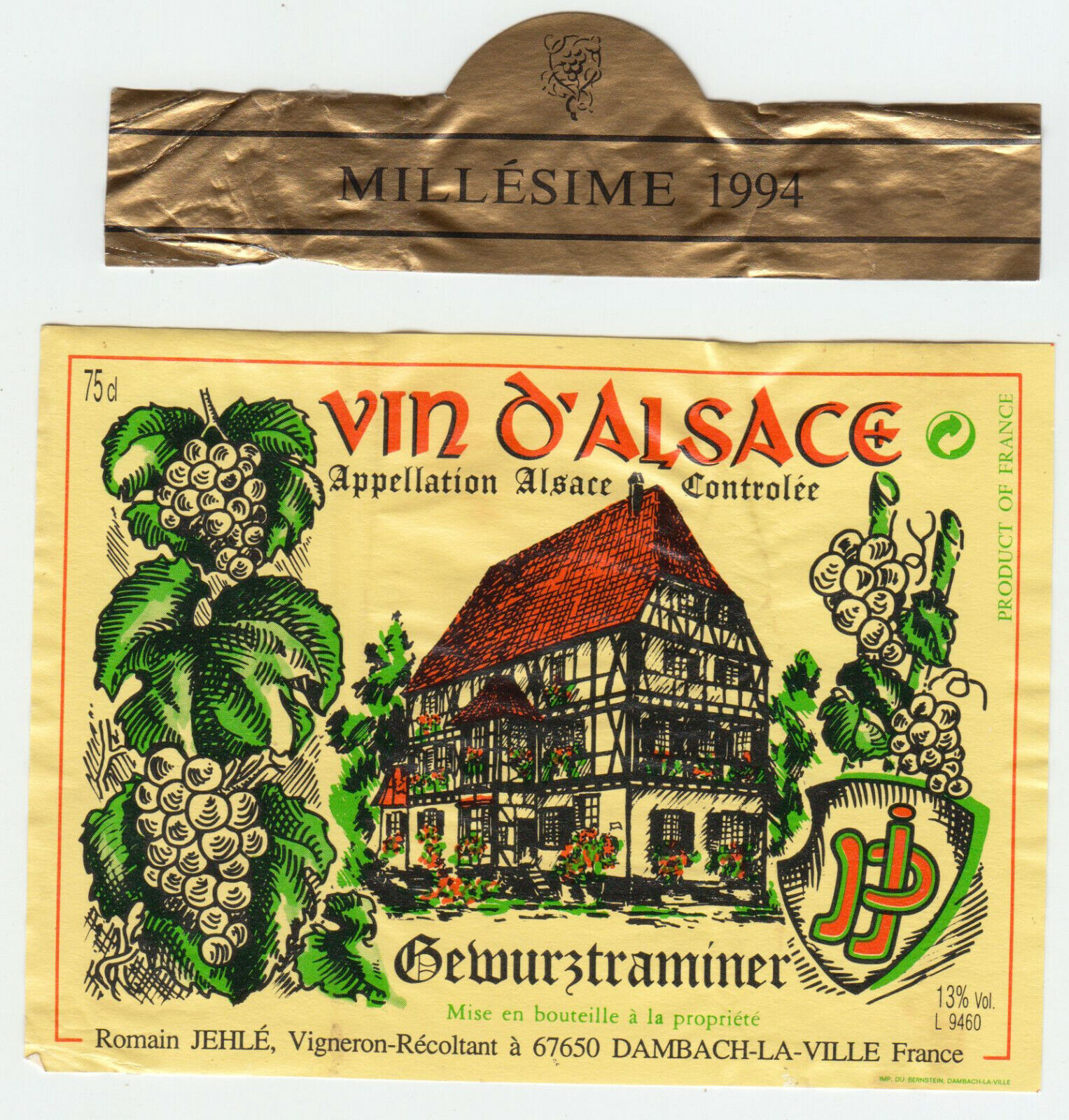 ETIQUETTE DE VIN D ALSACE GEWURZTRAMINER MILLESIME 1994 ROMAIN JEHLE 402631696685