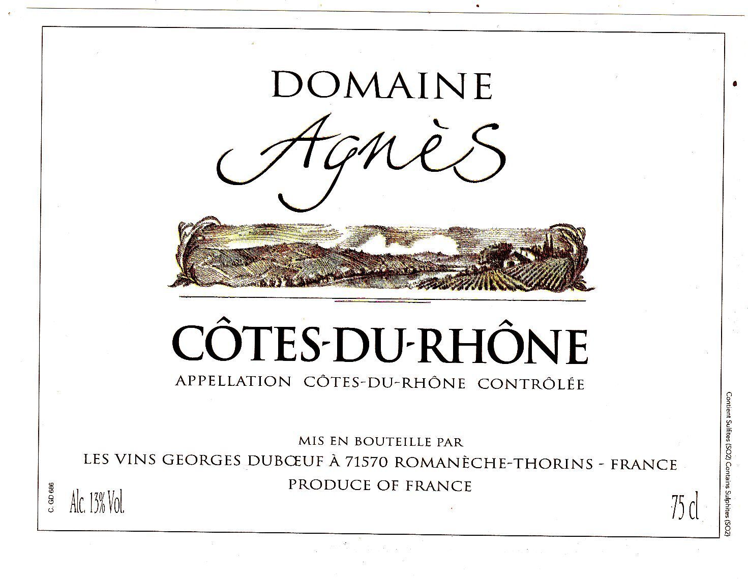 ETIQUETTE DE VIN DE FRANCE COTES DU RHONE DOMAINE AGNES 401022251005