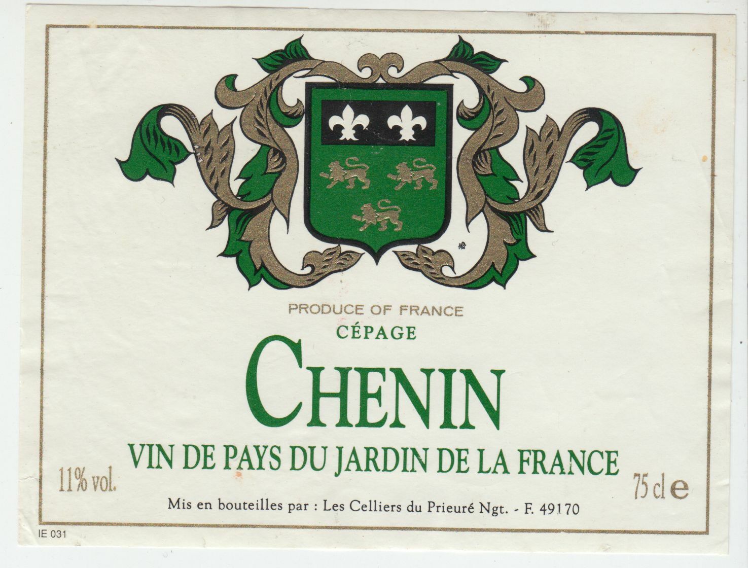 ETIQUETTE DE VIN DE PAYS DU JARDIN DE LA FRANCE CHENIN 124572490095