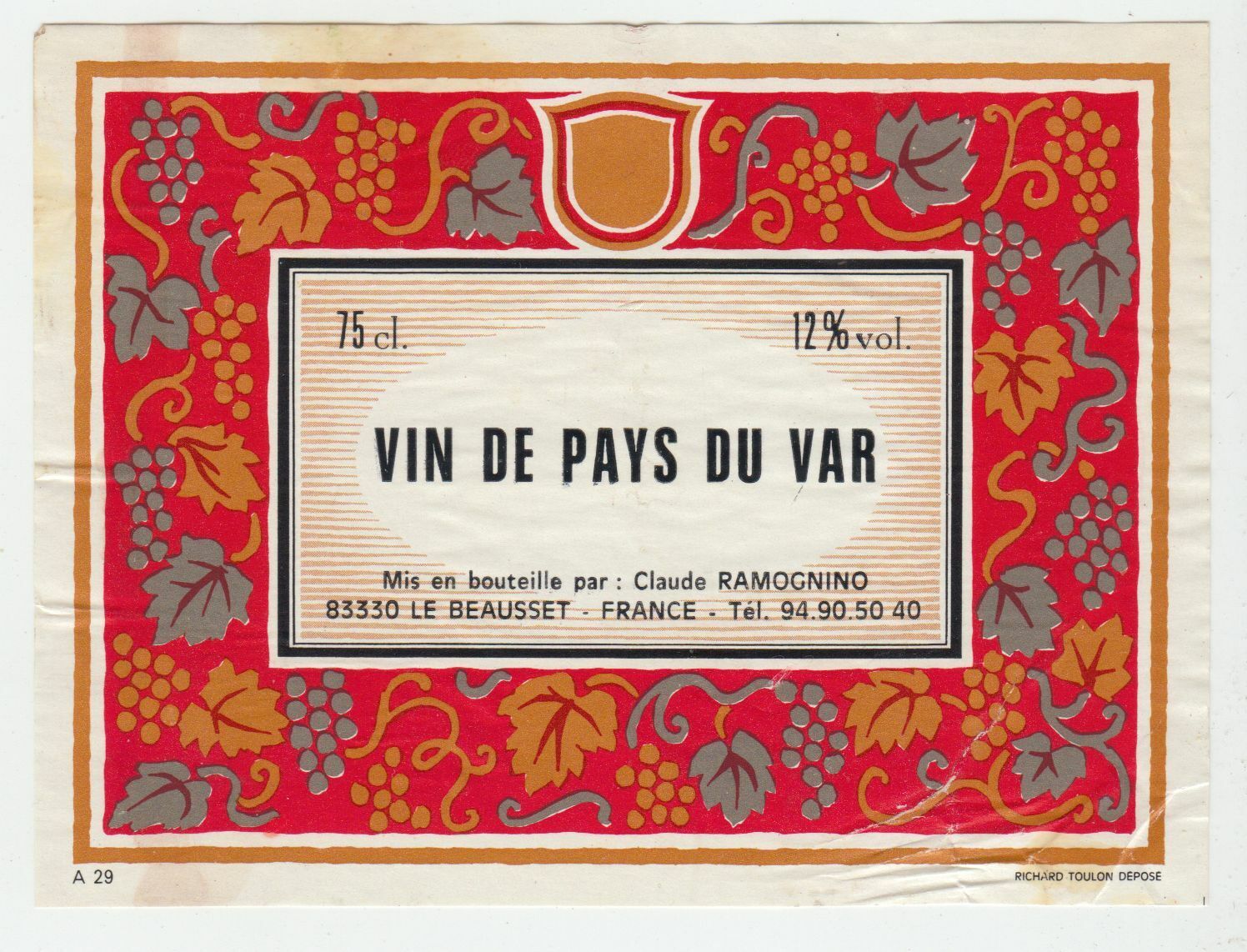 ETIQUETTE DE VIN DE PAYS DU VAR CLAUDE RAMOGNINO LE BEAUSSET 402687606185