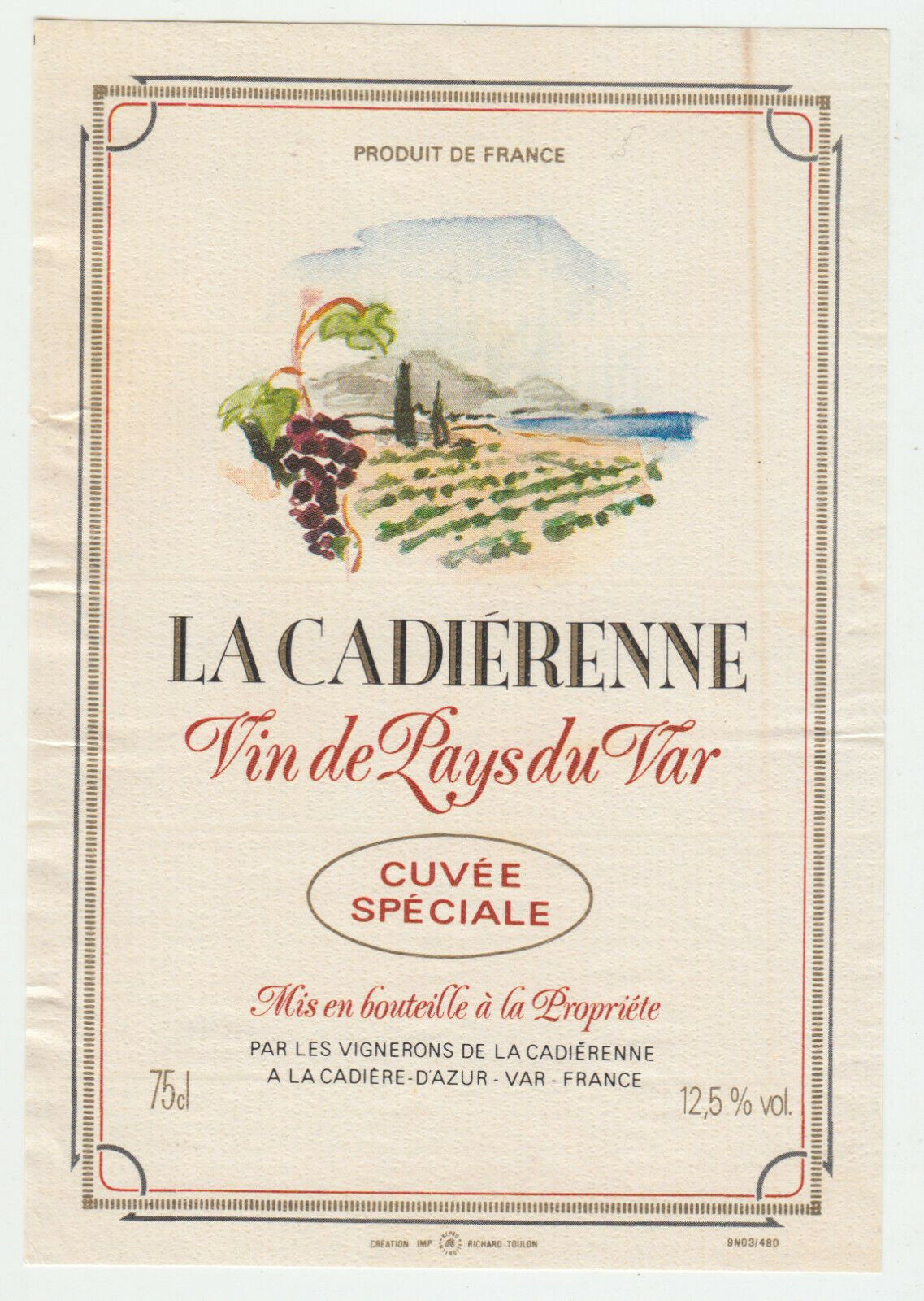 ETIQUETTE DE VIN DE PAYS DU VAR LA CADIERENNE A LA CADIERE D AZUR 402687606175