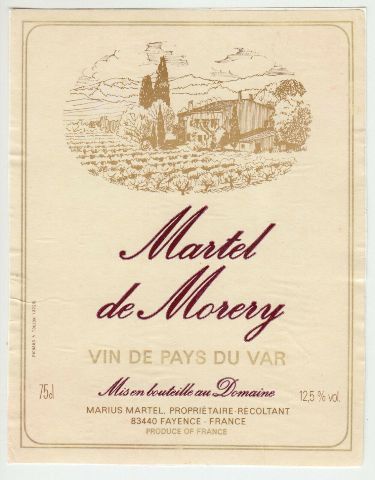 ETIQUETTE DE VIN DE PAYS DU VAR MARTEL DE MORERY FAYENCE 402687606155