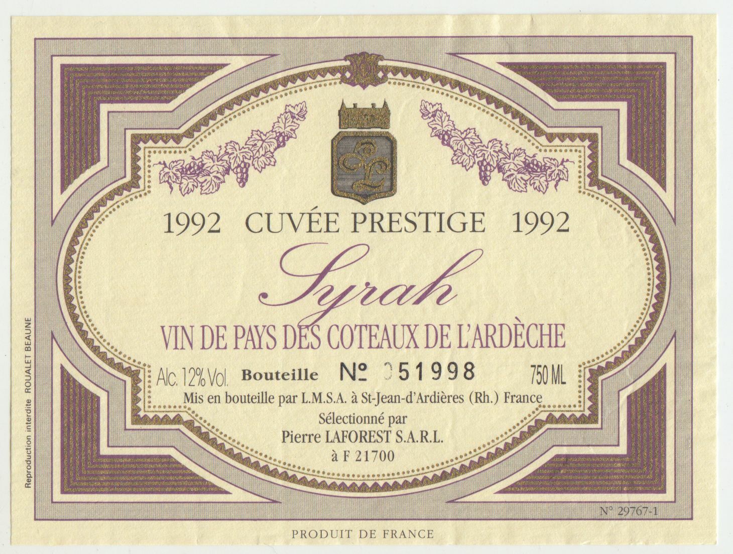 ETIQUETTE DE VIN DU PAYS DES COTEAUX DE L ARDECHE 1992 SYRAH 402695572965