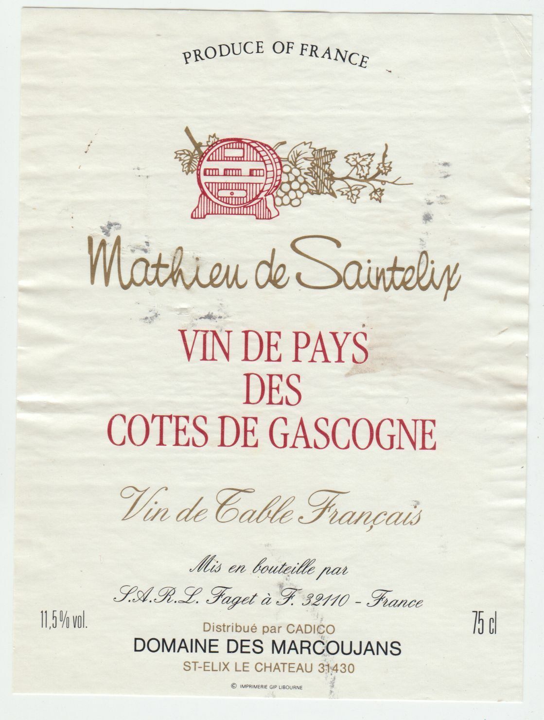 ETIQUETTE DE VIN DU PAYS DES COTES DE GASCOGNE DOMAINE DES MARCOUJANS SAINTELIX 402695573015