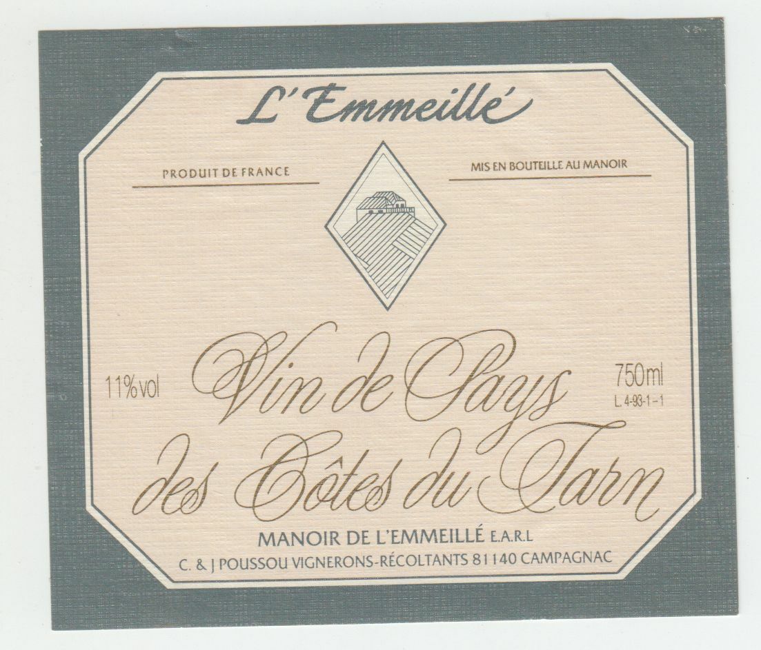 ETIQUETTE DE VIN DU PAYS DES COTES DU TARN L EMMEILLE 124576538575