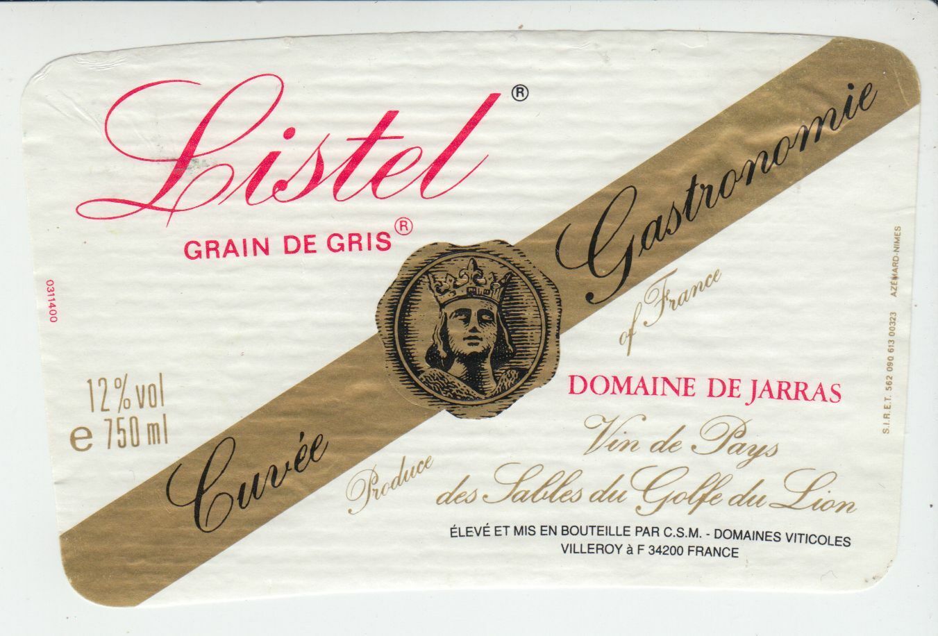 ETIQUETTE DE VIN LISTEL GRAIN DE GRIS CUVEE GASTRONOMIE DOMAINE DE JARRAS 124572490075