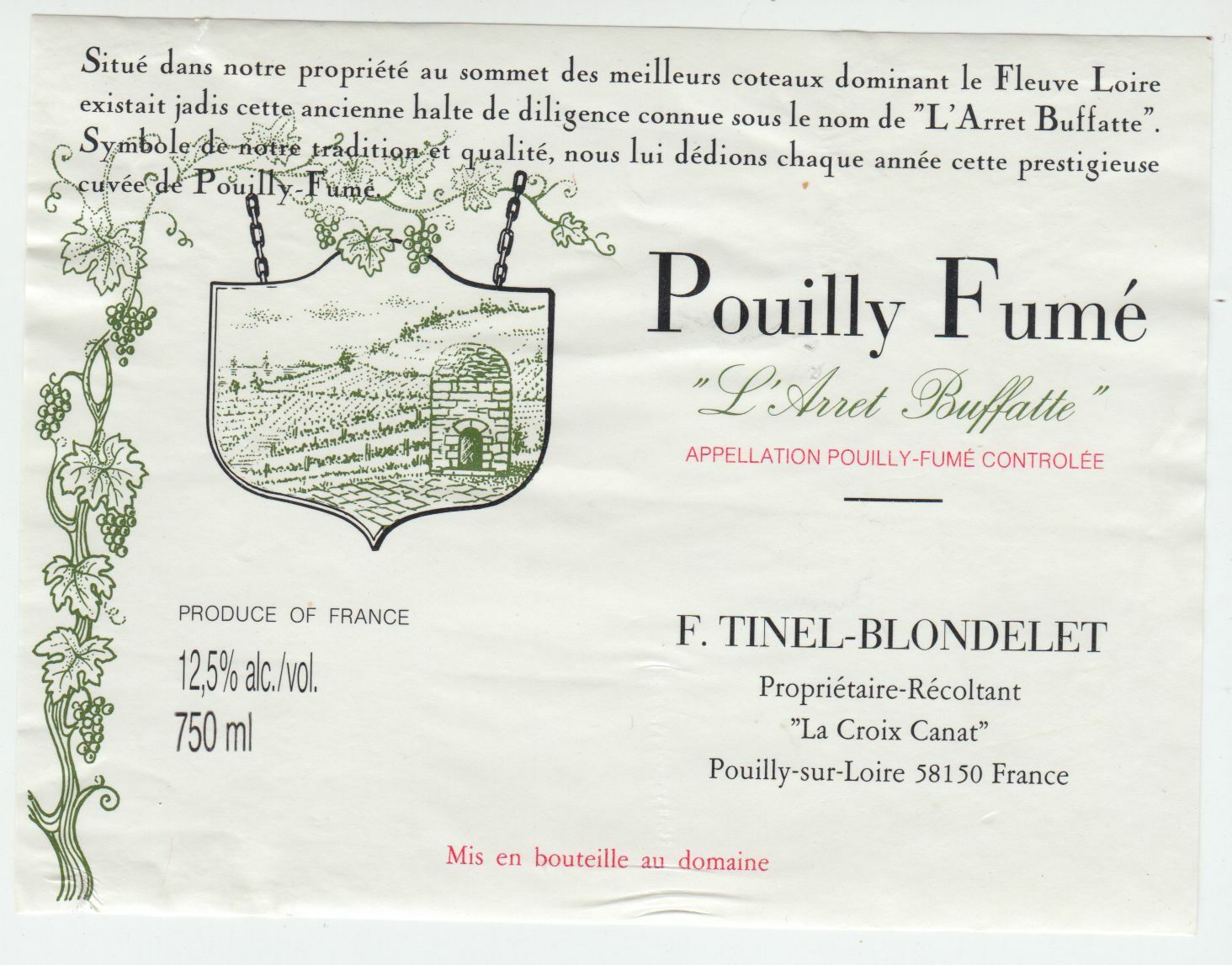 ETIQUETTE DE VIN POUILLY FUME L ARRET BUFFATTE F TINEL BLONDELET 402631697915