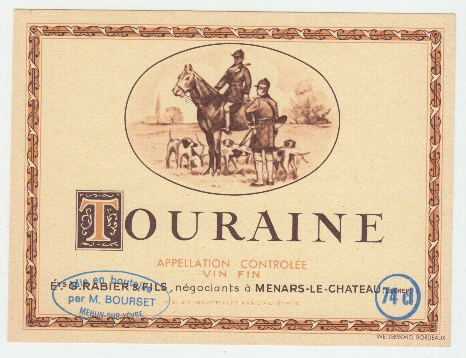 ETIQUETTE DE VIN TOURAINE CHASSE A COURT BOURSET 124511870225