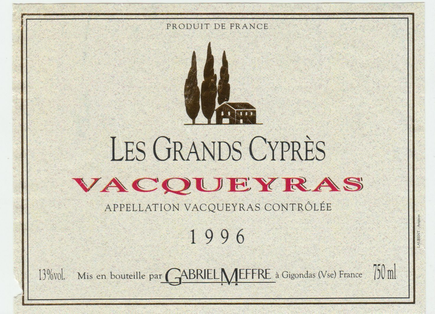 ETIQUETTE DE VIN VACQUEYRAS 1996 LES GRANDS CYPRES GABRIEL MEFFRE 402581825535