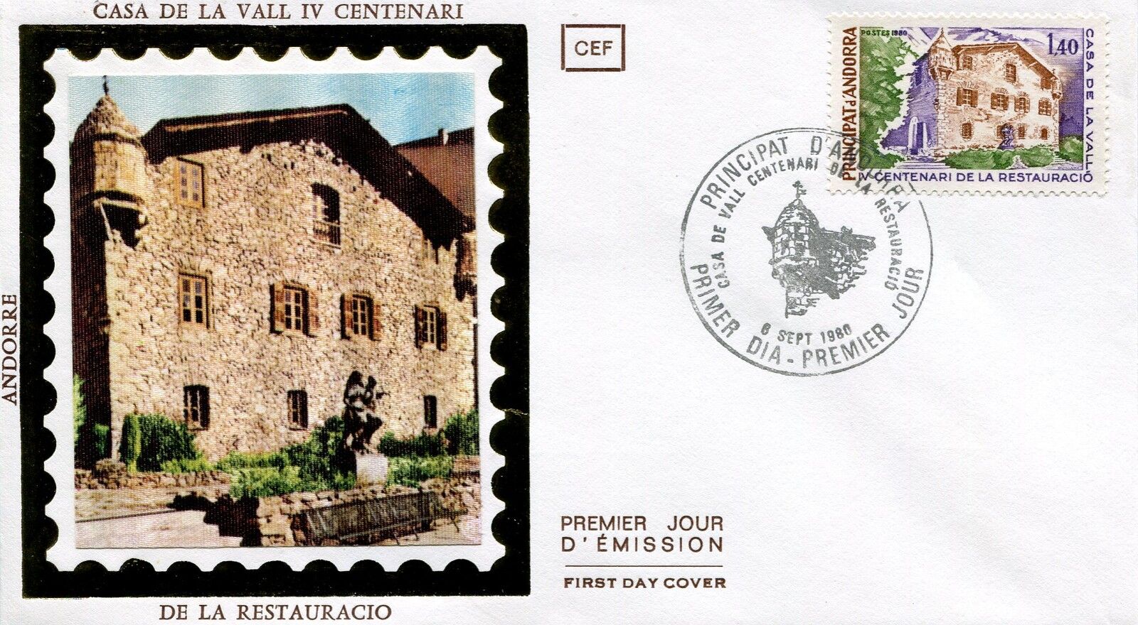 FDC PREMIER JOUR ANDORRE 1980 TIMBRE N 289 CASA DE LA VALL DE LA RESTAURACIO 121462932545