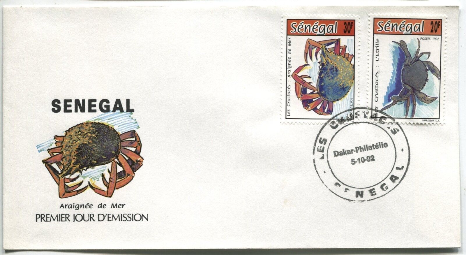 FDC SENEGAL DAKAR 5101992 THEME ARAIGNEE DE MER CRABE 110839978095