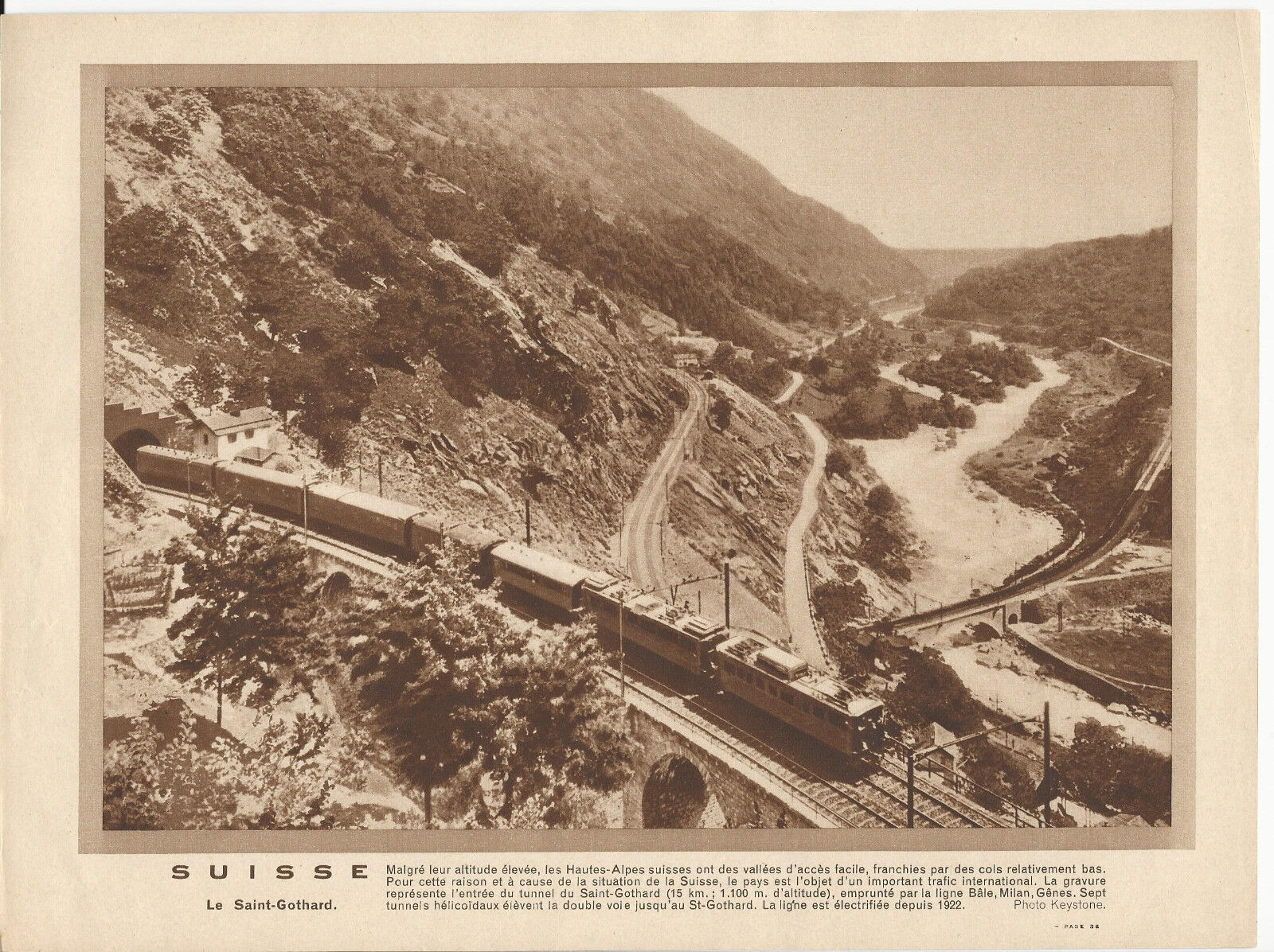 GRAVURE ANNEE 30 SUISSE LE SAINT GOTHARD TUNNELS TRAIN 122355672315