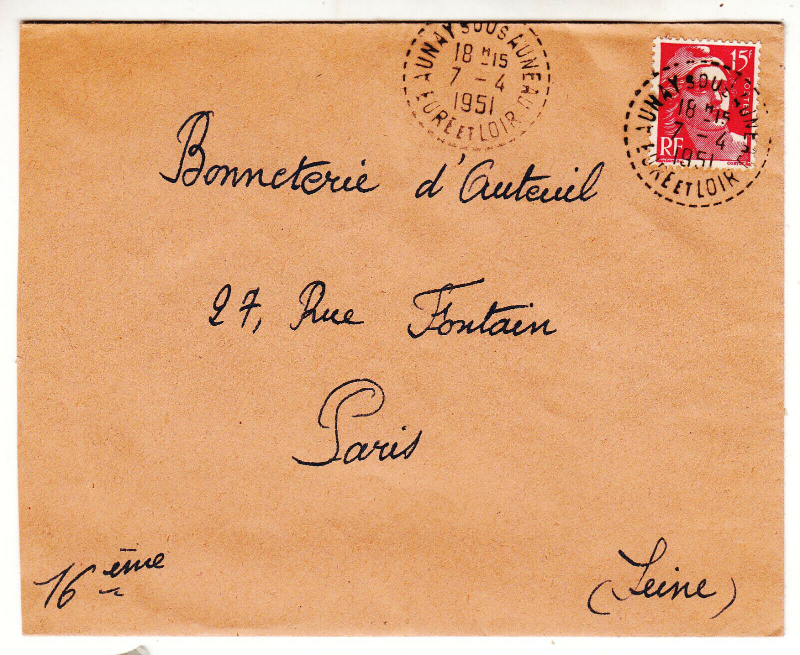 LETTRE AUNAY SOUS AUNEAU POUR PARIS SEUL SUR LETTRE GANDON CACHET PERLE 1951 401826446925