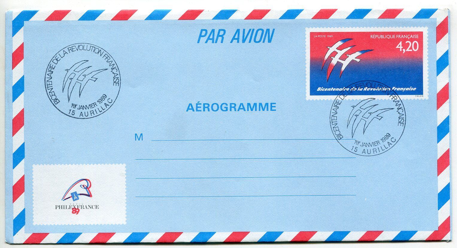 LETTRE AURILLAC AEROGRAMME PREMIER JOUR BICENTENAIRE REVOLUTION 121170745055