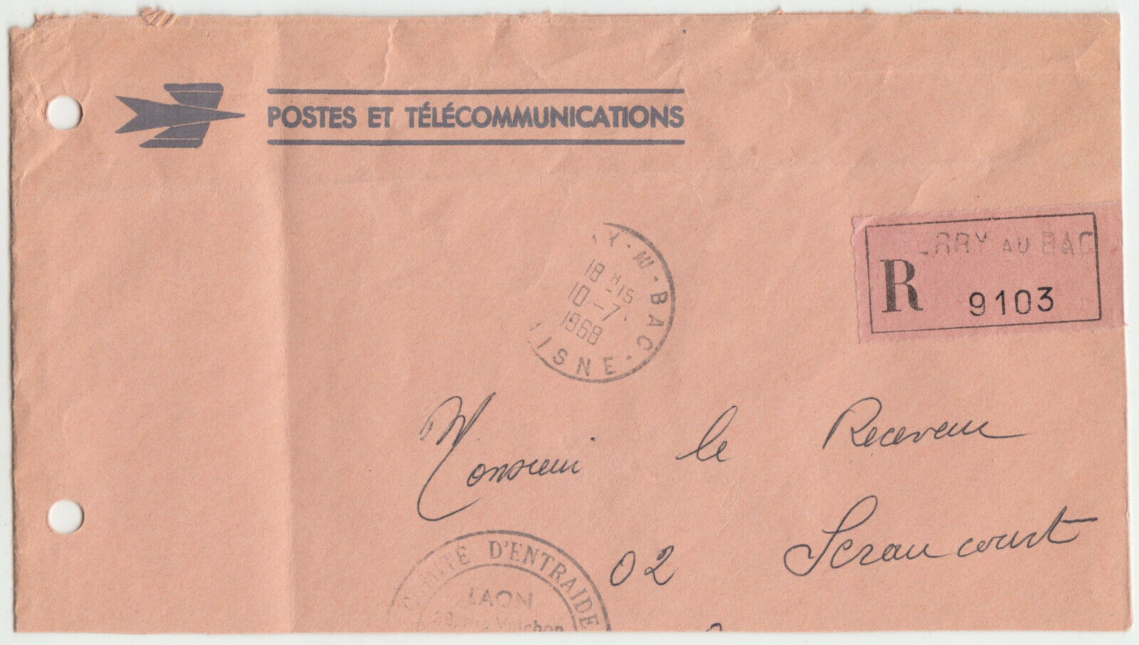 LETTRE BERRY AU BAC POUR LAON 1968 RECOMMANDE CACHET 124074937015