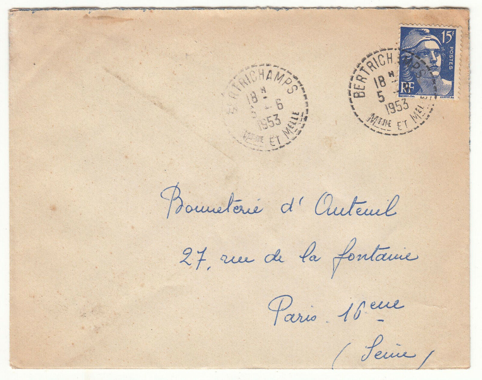 LETTRE BERTRICHAMPS POUR PARIS SEUL SUR LETTRE GANDON CACHET PERLE 123849411225