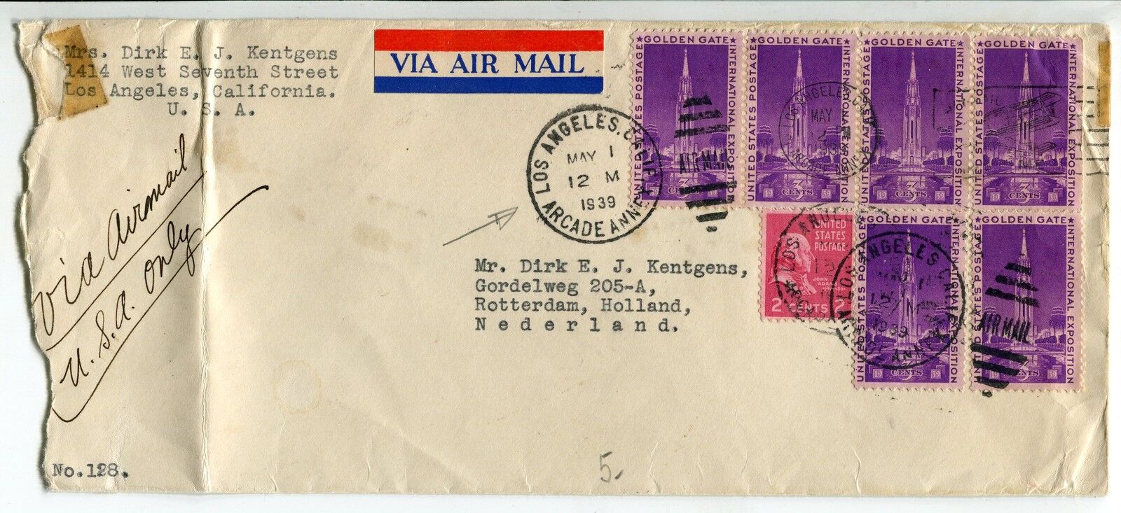 LETTRE CALIFORNIE USA POUR ROTTERDAM HOLLAND CACHET TIMBRE PAR AVION 121295964155