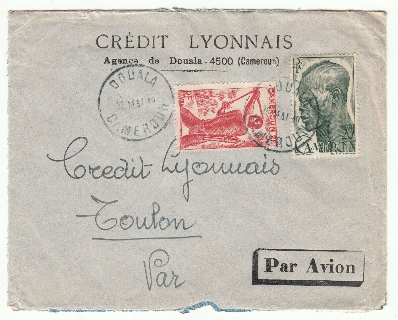 LETTRE CAMEROUN AGENCE DE DOUALA POUR TOULON 1949 CREDIT LYONNAIS PAR AVION 401754074575