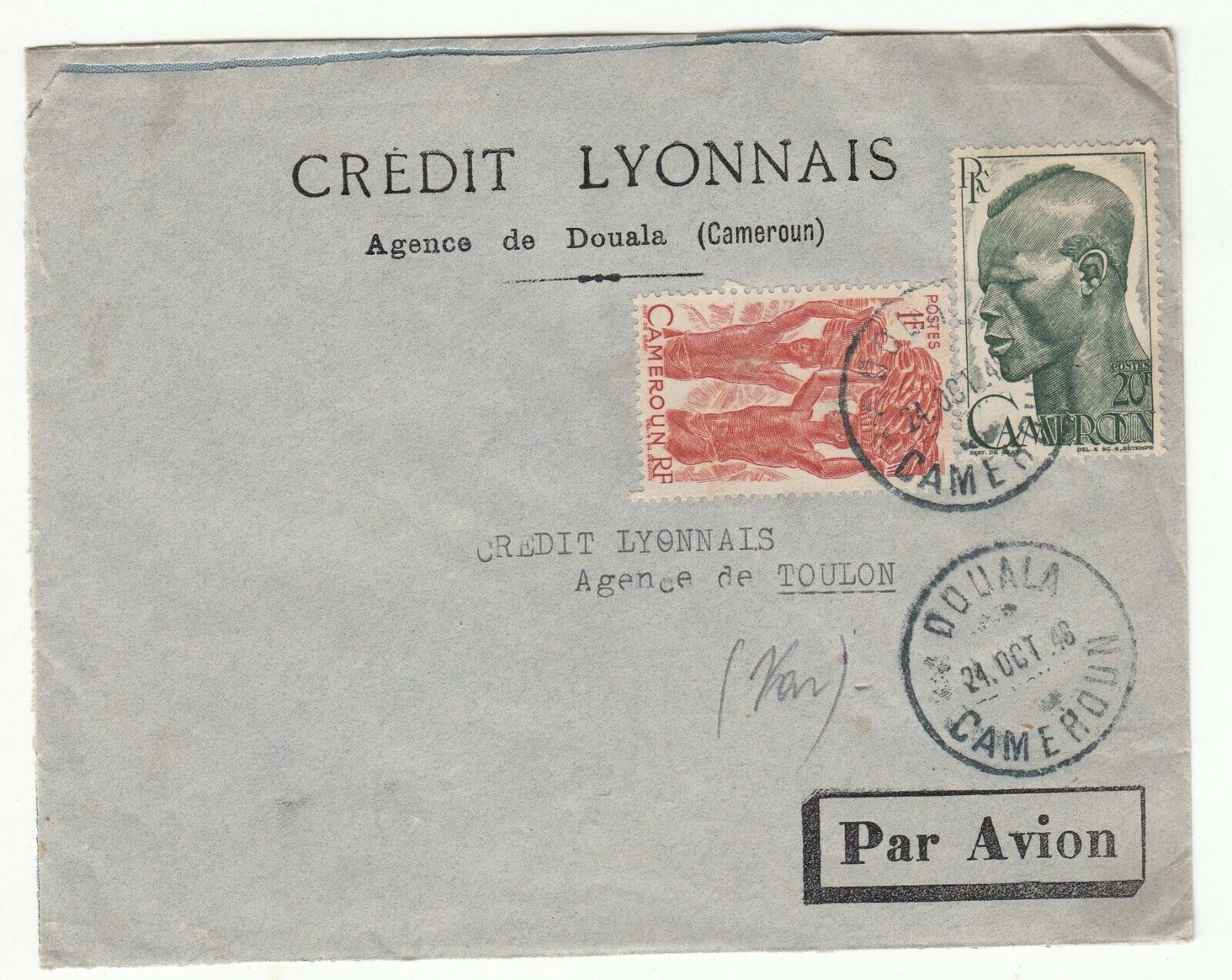 LETTRE CAMEROUN DOUALA TOULON CREDIT LYONNAIS 1948 PAR AVION 123775764165