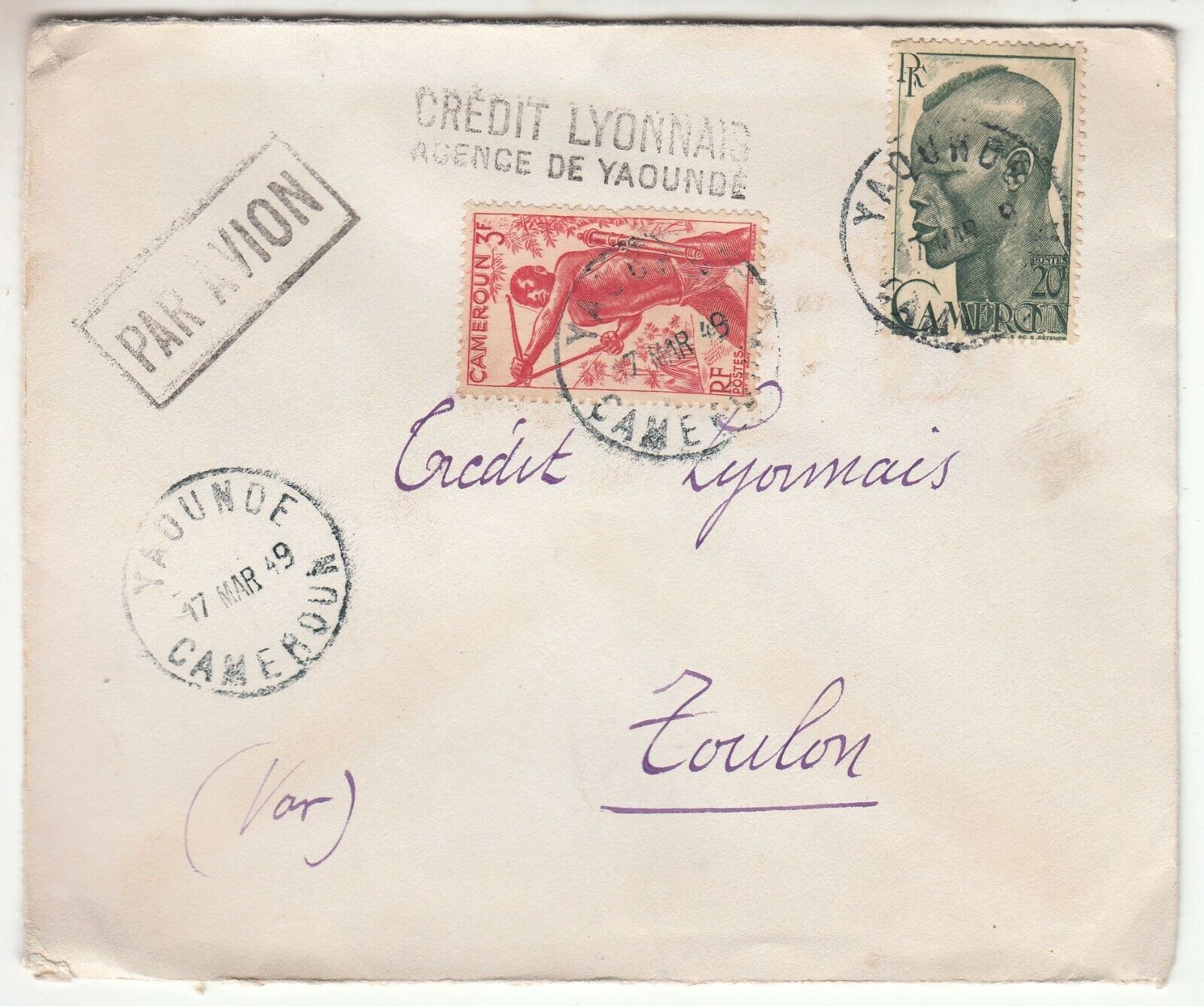 LETTRE CAMEROUN YAOUNDE TOULON CREDIT LYONNAIS 1949 PAR AVION 401771441055