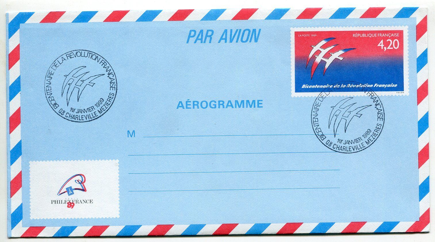 LETTRE CHARLEVILLE MEZIERES AEROGRAMME PREMIER JOUR BICENTENAIRE REVOLUTION 121170739115