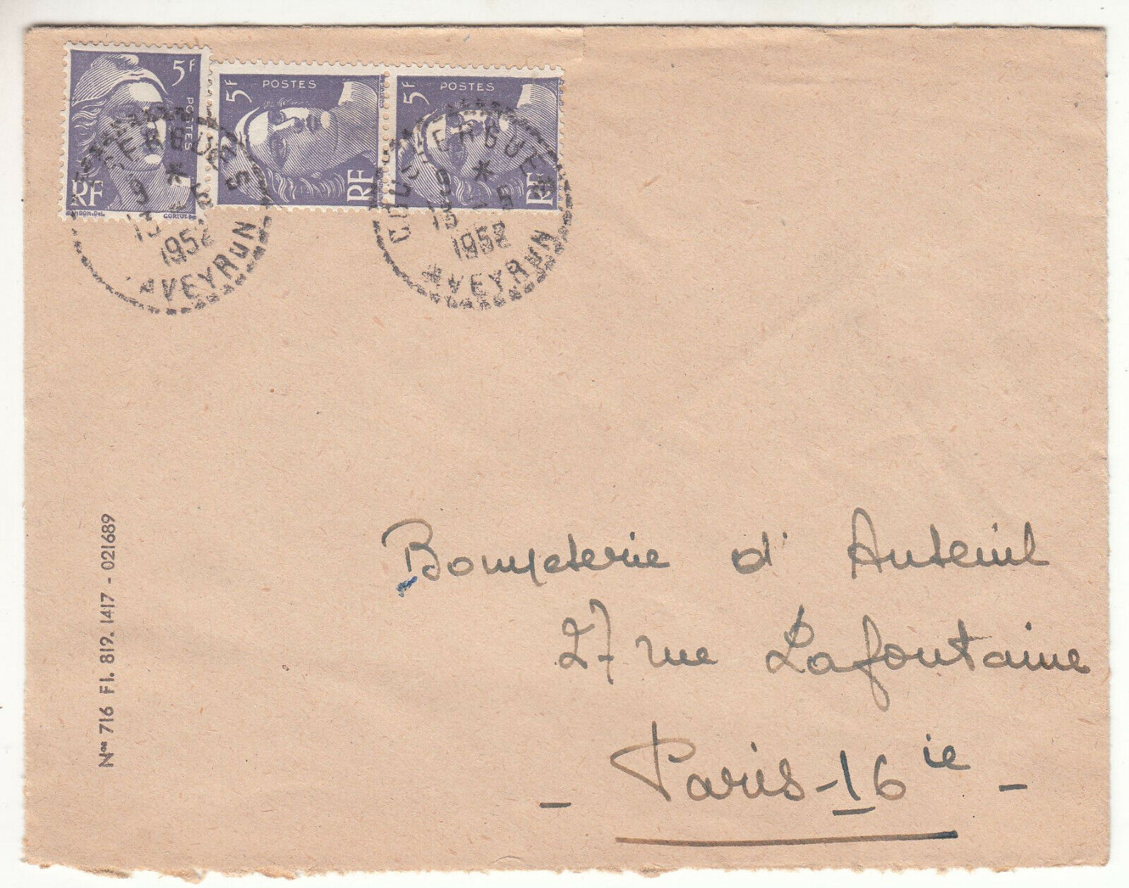 LETTRE COUSSERGUES POUR PARIS GANDON CACHET PERLE 1952 401826446935