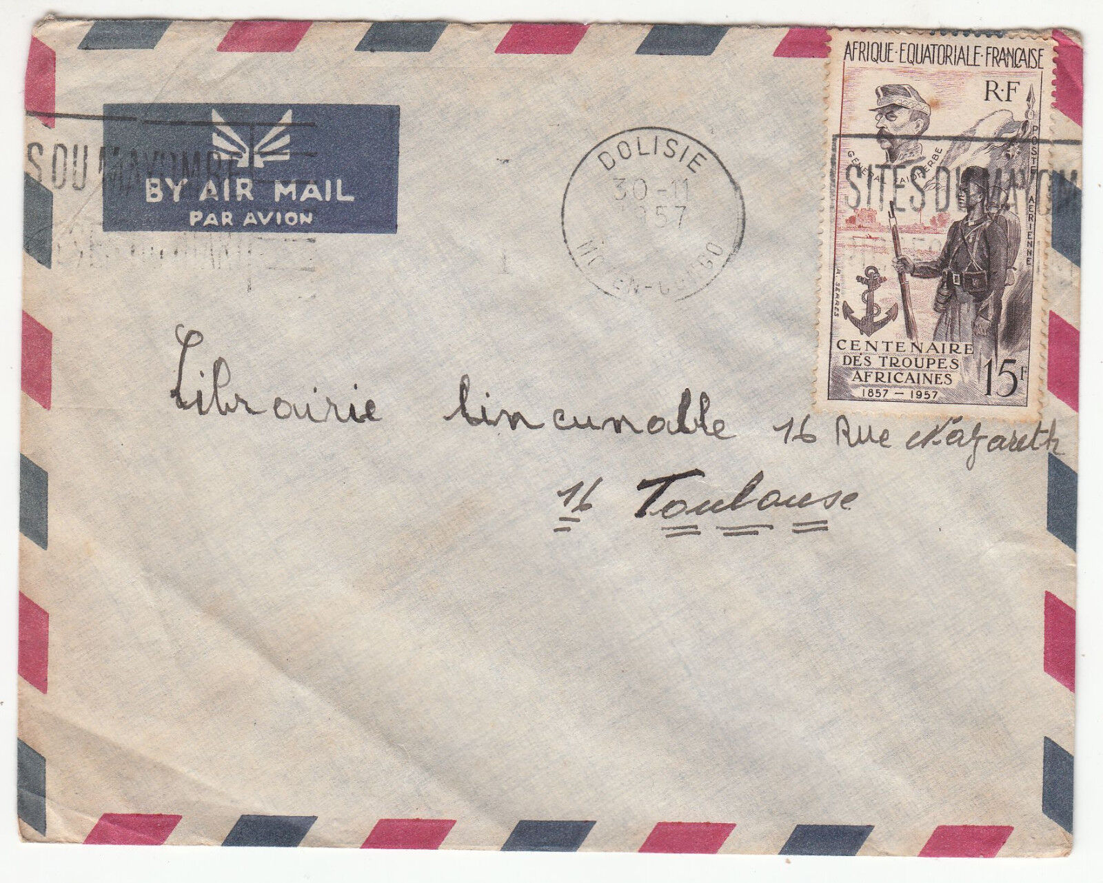 LETTRE DOLISIE MOYEN CONGO POUR TOULOUSE 1957 PAR AVION 401459642475