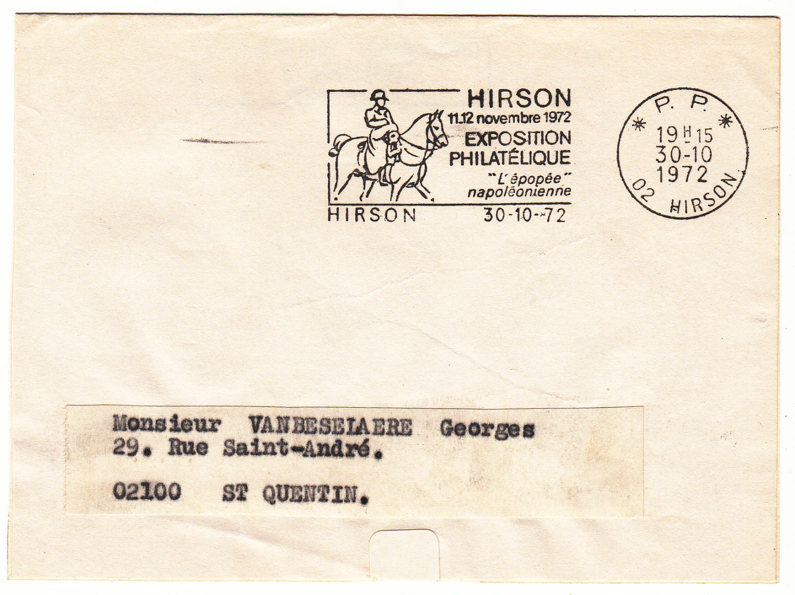 LETTRE HIRSON POUR ST QUENTIN FLAMME EXPOSITION PHILATHELIQUE 1972 CACHET PP 402061274245