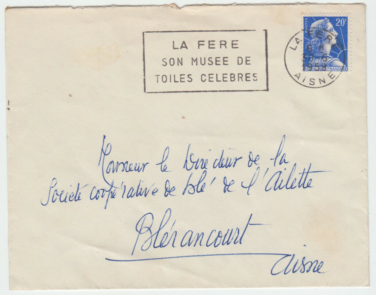 LETTRE LA FERE POUR BLERANCOURT 1958 FLAMME LA FERE SON MUSEE DE TOILES CELEBRES 402088421935