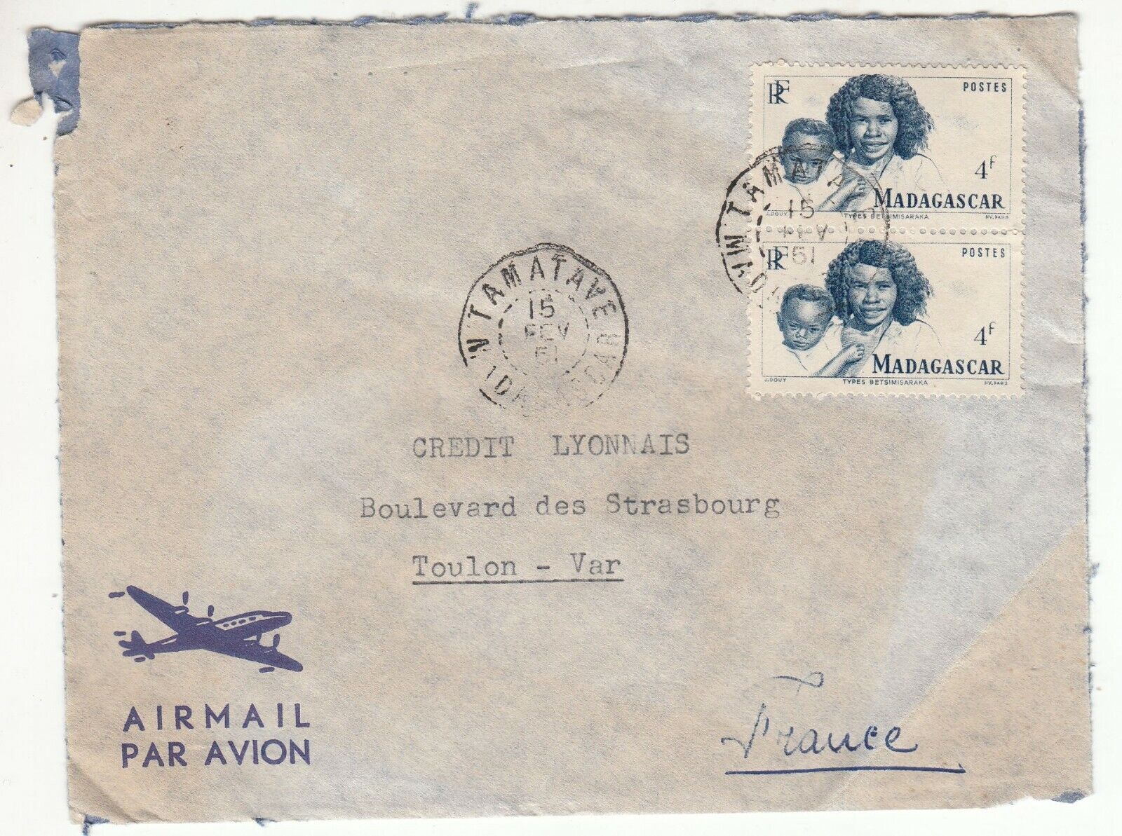 LETTRE MADAGASCAR TAMATAVE TOULON CREDIT LYONNAIS 1951 PAR AVION 123744727075