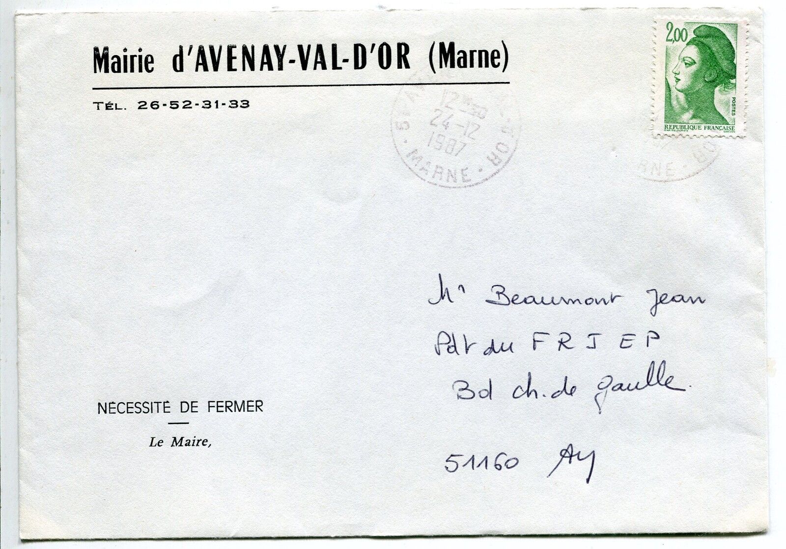 LETTRE MAIRIE D AVENAY VAL D OR MARNE POUR AY 400720630695