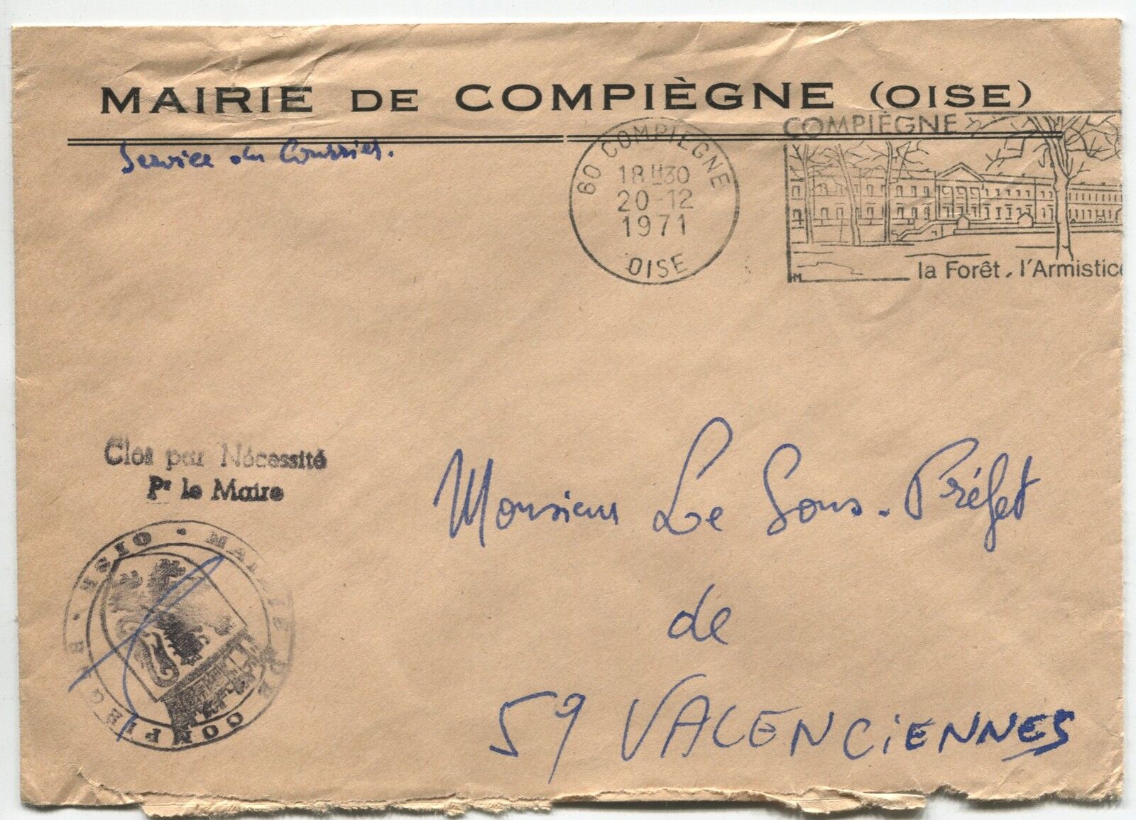 LETTRE MAIRIE DE COMPIEGNE POUR LE SOUS PREFET VALENCIENNES 1976 FLAMME 120890439125