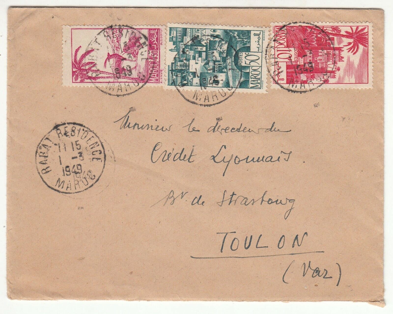 LETTRE MAROC RABAT RESIDENCE POUR TOULON 1949 CREDIT LYONNAIS 401753712325