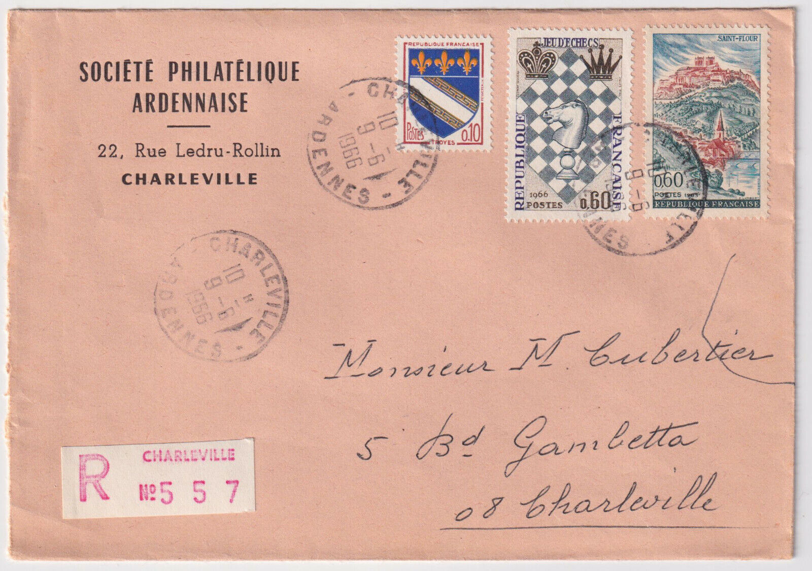 LETTRE PHILATHELIQUE RECOMMANDEE CHARLEVILLE 1966 POUR CHARLEVILLE 402990183385