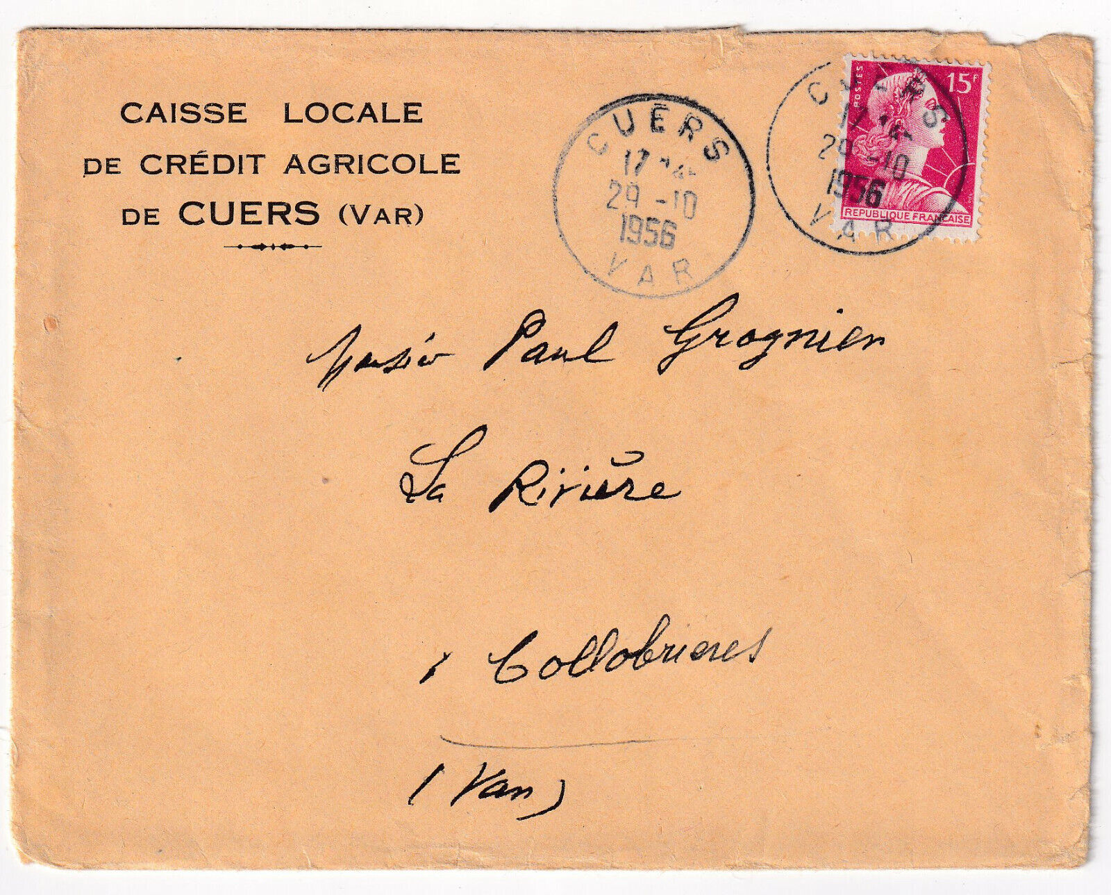 LETTRE PUBLICITAIRE 1956 CAISSE LOCALE CREDIT AGRICOLE DE CUERS CORRESPONDANCE 124959846705