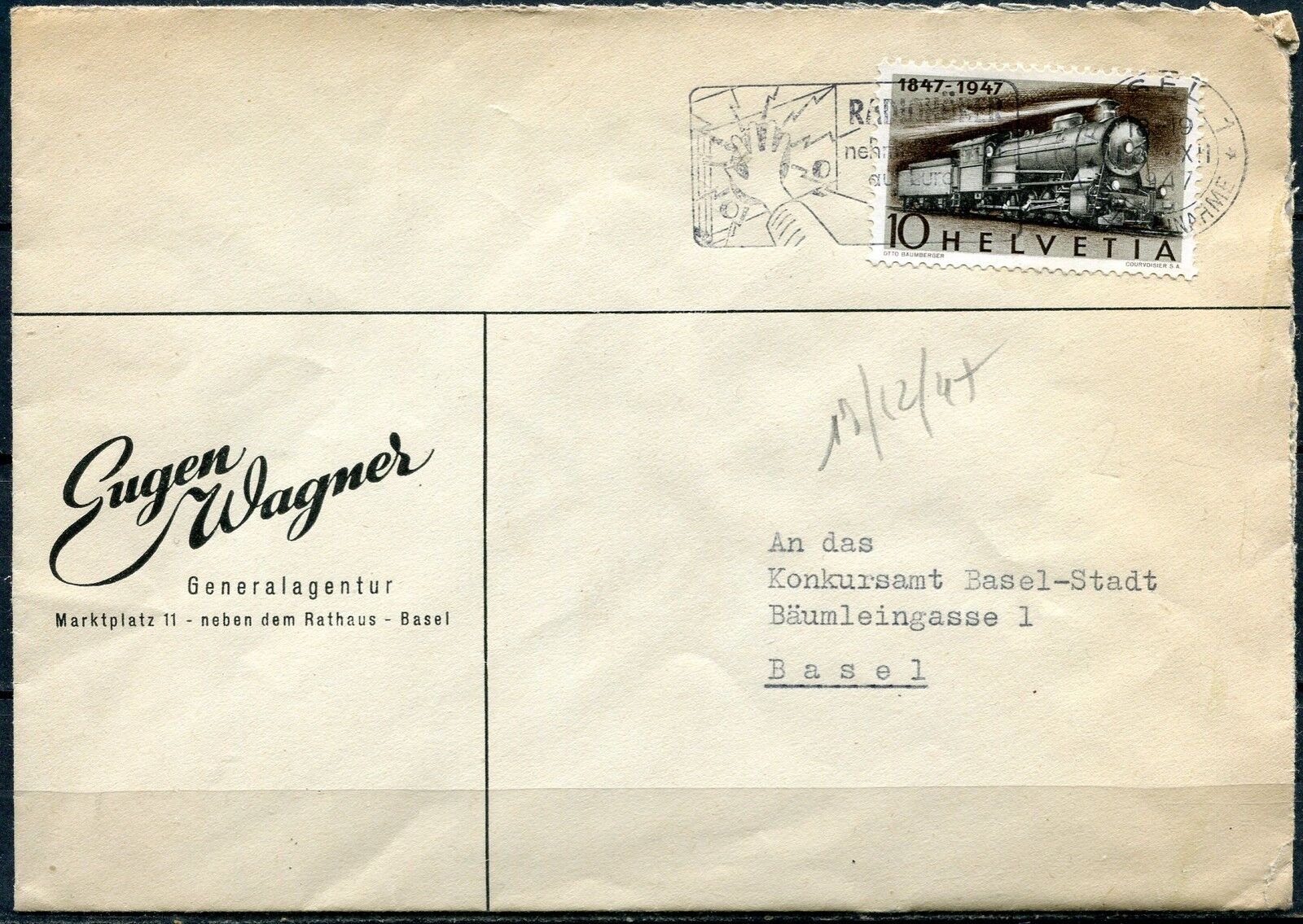 LETTRE PUBLICITAIRE BASEL POUR BASEL SUISSE 1947 FLAMME TIMBRE TRAIN 121000002025