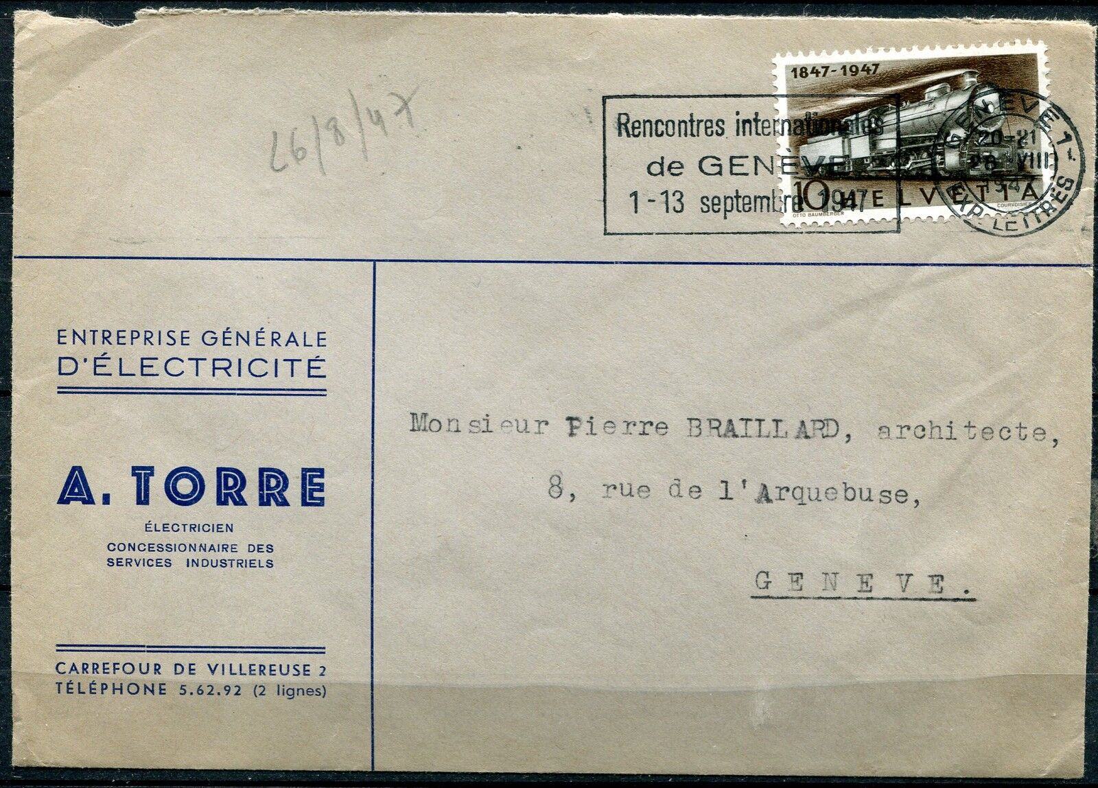 LETTRE PUBLICITAIRE GENEVE POUR GENEVE SUISSE 1947 FLAMME TIMBRE TRAIN 400328780395