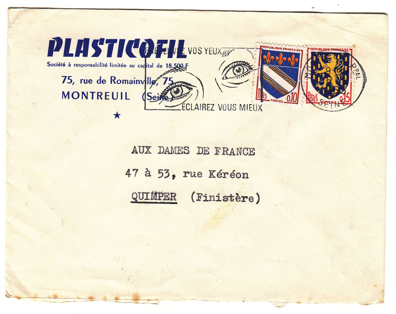 LETTRE PUBLICITAIRE MONTREUIL POUR QUIMPER 1965 PLASTICOFIL FLAMME 122868144175