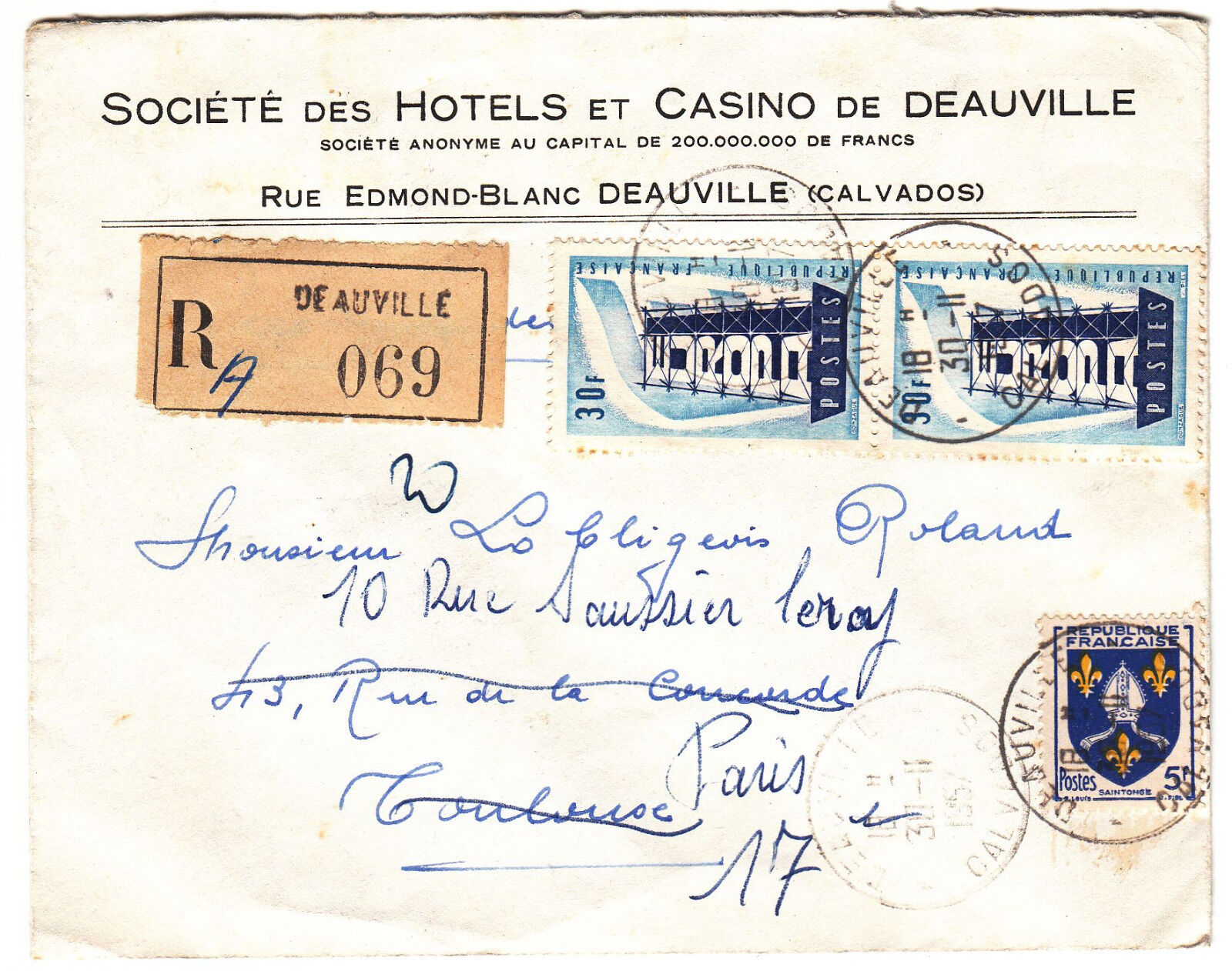 LETTRE PUBLICITAIRE RECOMMANDE HOTEL CASINO DEAUVILLE PARIS PAR TOULOUSE 1957 122868144185