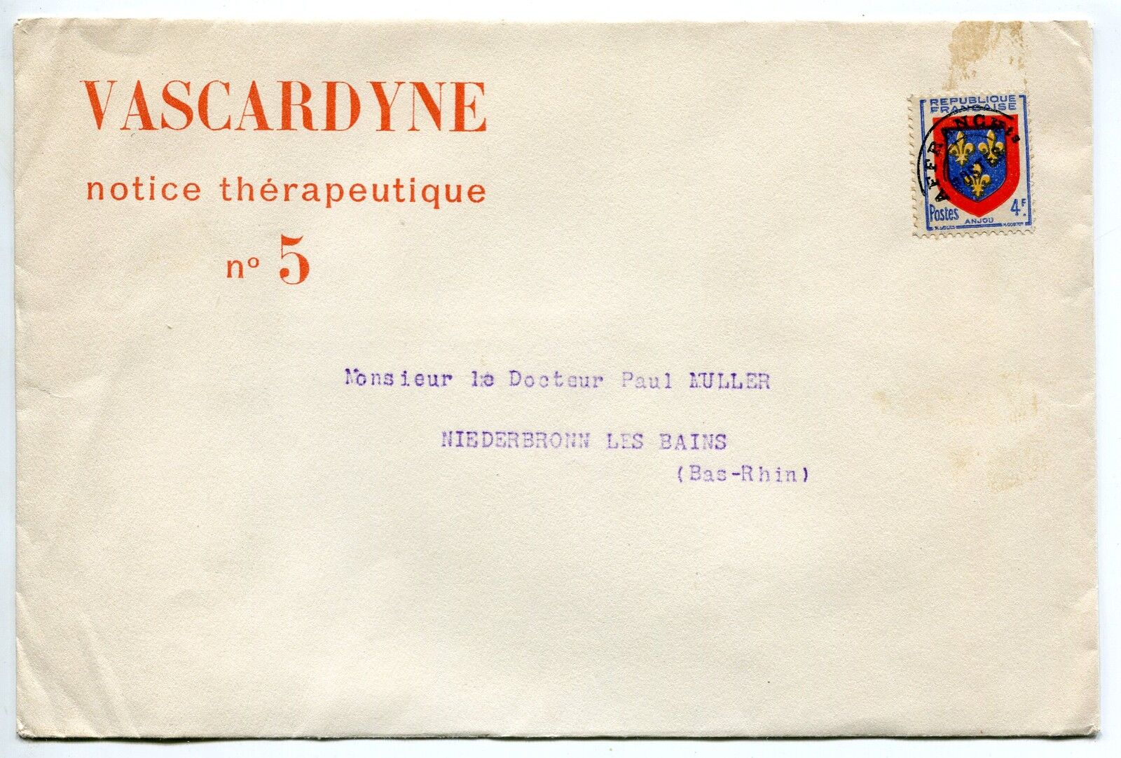 LETTRE PUBLICITAIRE VASCARDYNE NIEDERBRONN LES BAINS TIMBRE PREOBLITERE N 105 400783909905