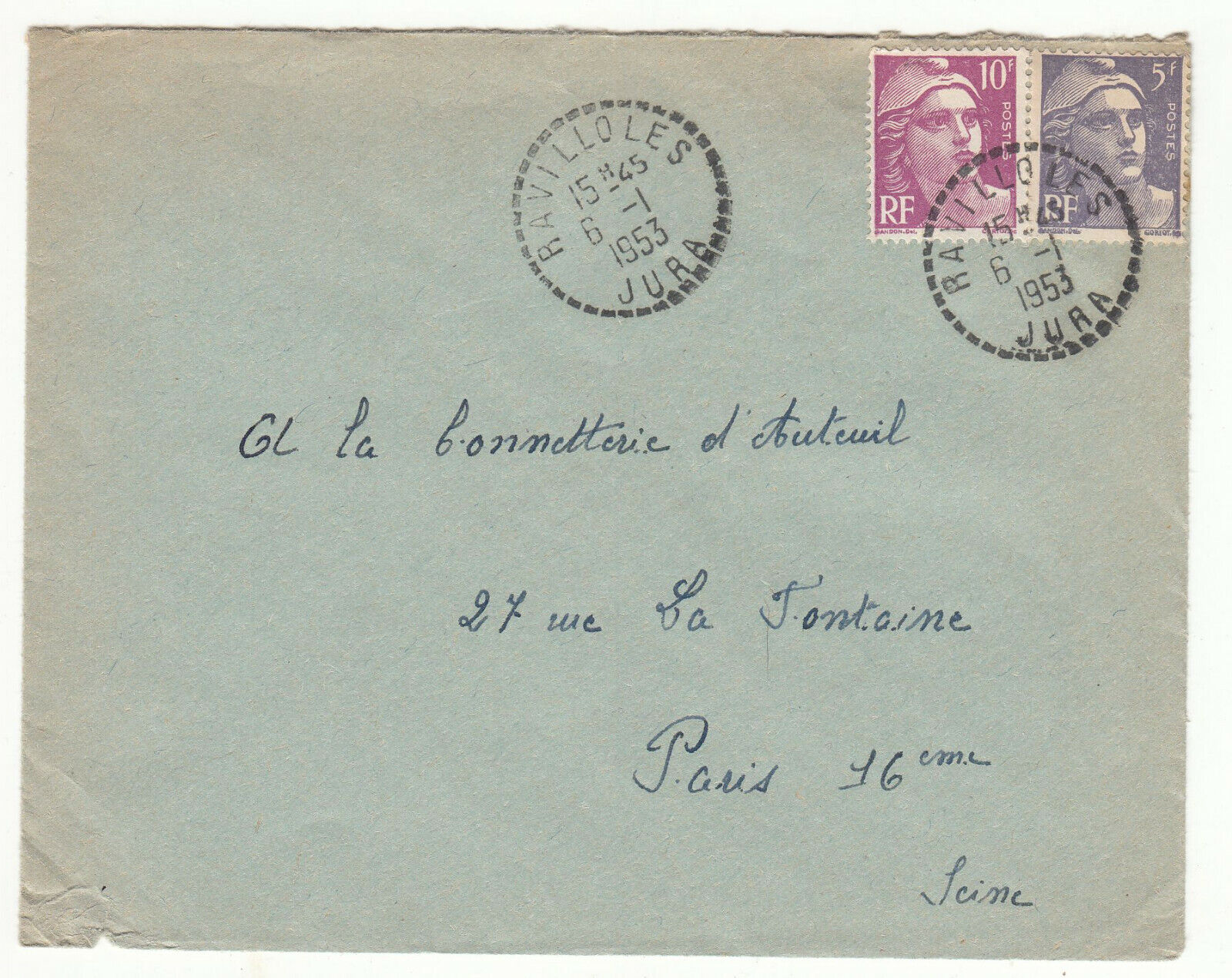 LETTRE RAVILLOLES JURA POUR PARIS 1953 GANDON CACHET PERLE 401826449175