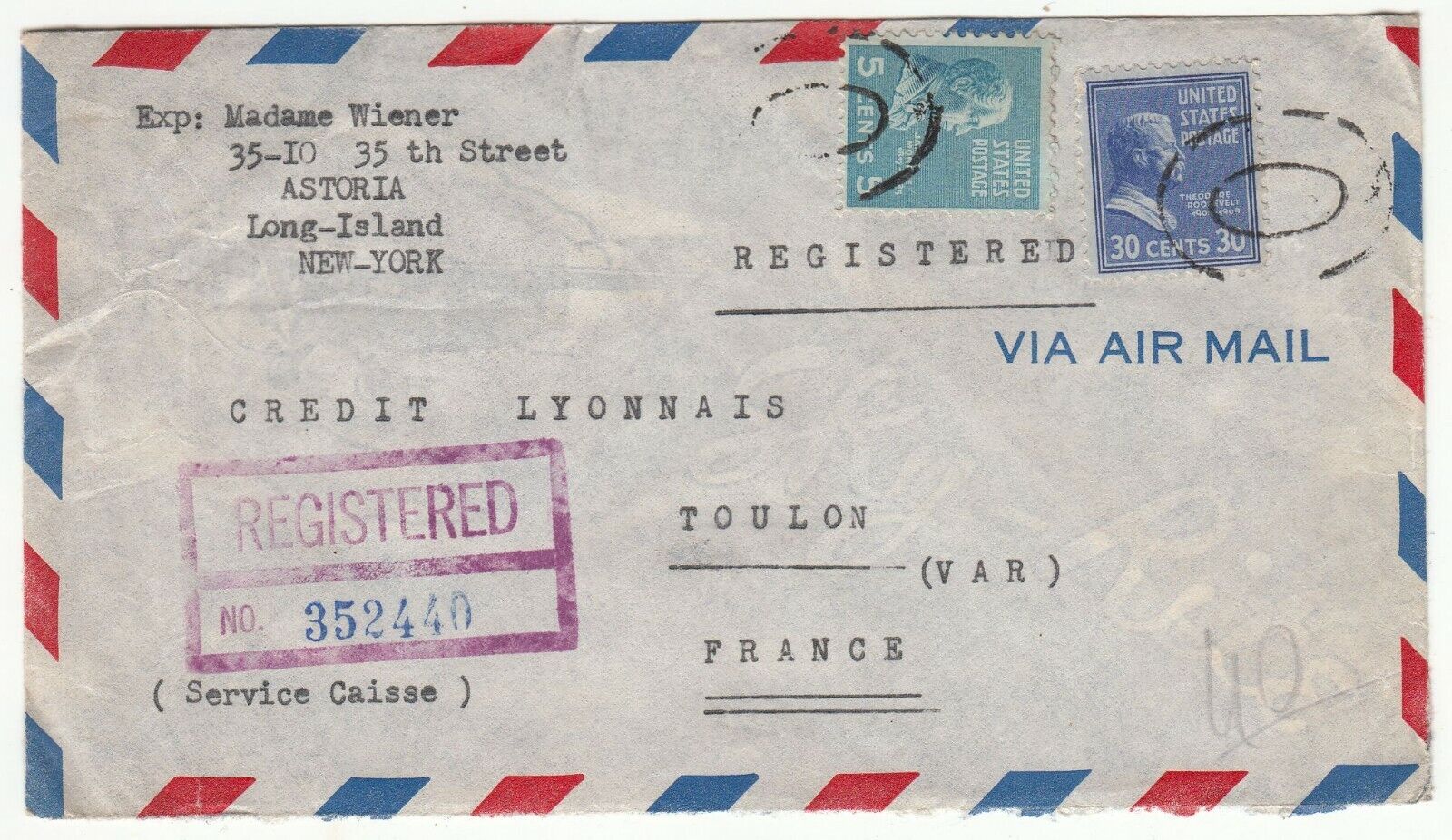 LETTRE REGISTERED NEW YORK TOULON 1947 CREDIT LYONNAIS CACHET O ET BOWLING 123749702575