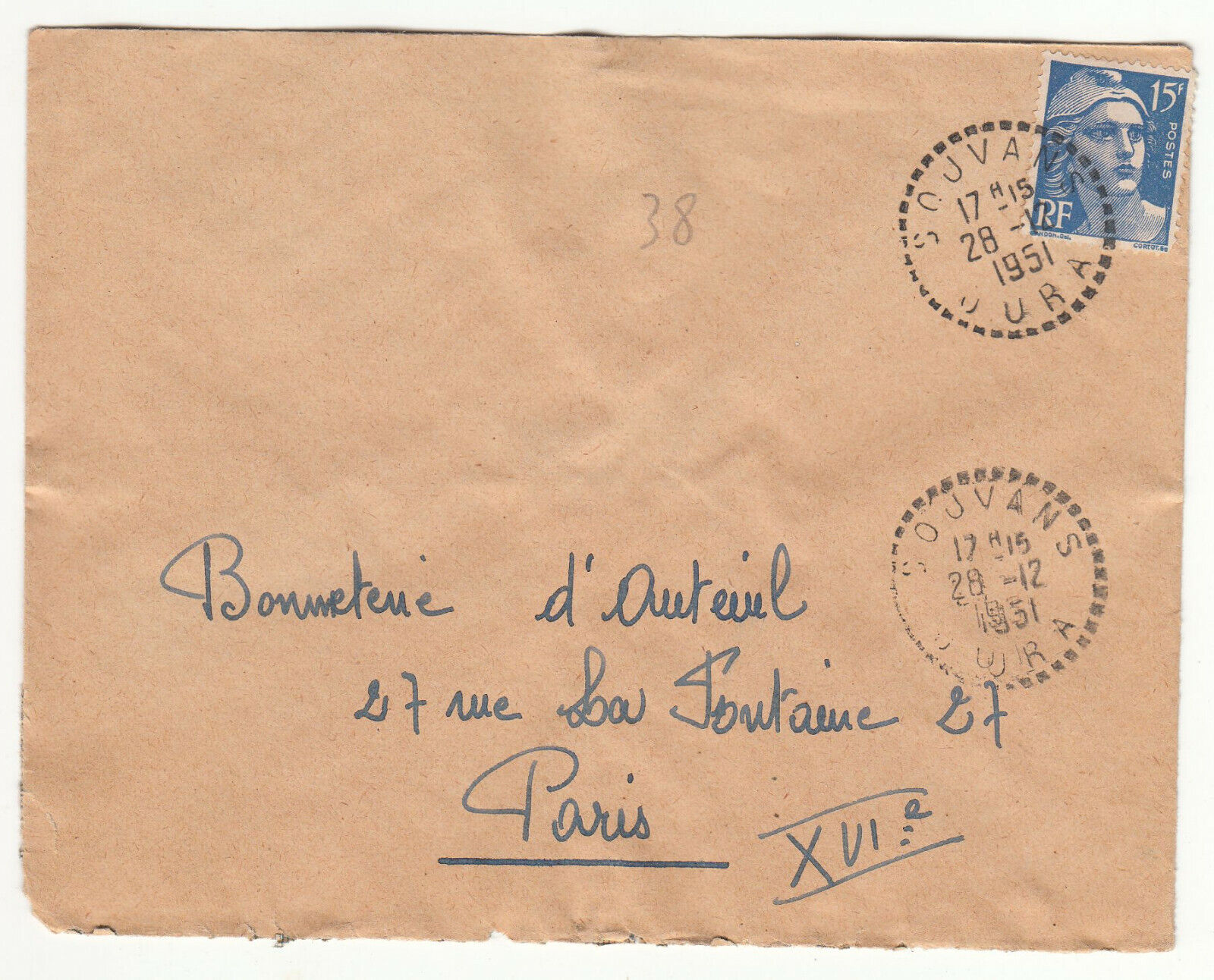 LETTRE SOUVANS JURA POUR PARIS 1951 GANDON CACHET PERLE 401881080865