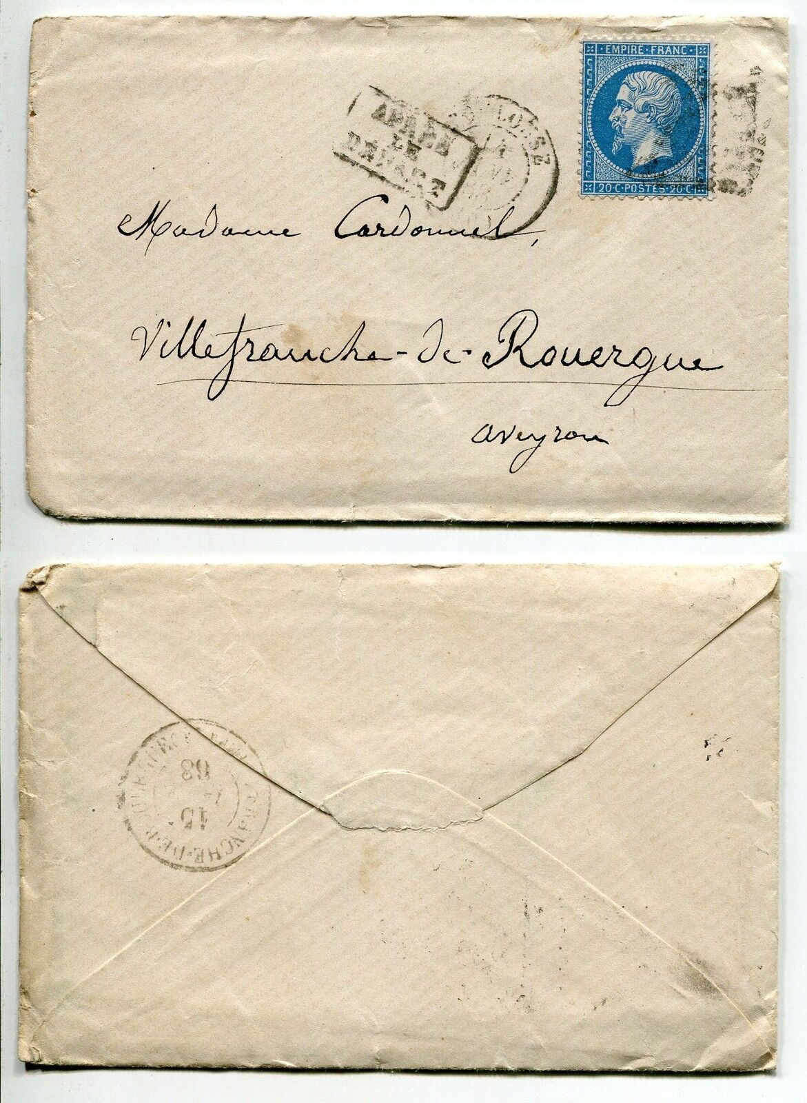 LETTRE TOULOUSE POUR VILLEFRANCHE DE ROUERGUE 1868 CORRESPONDANCE 400678766005